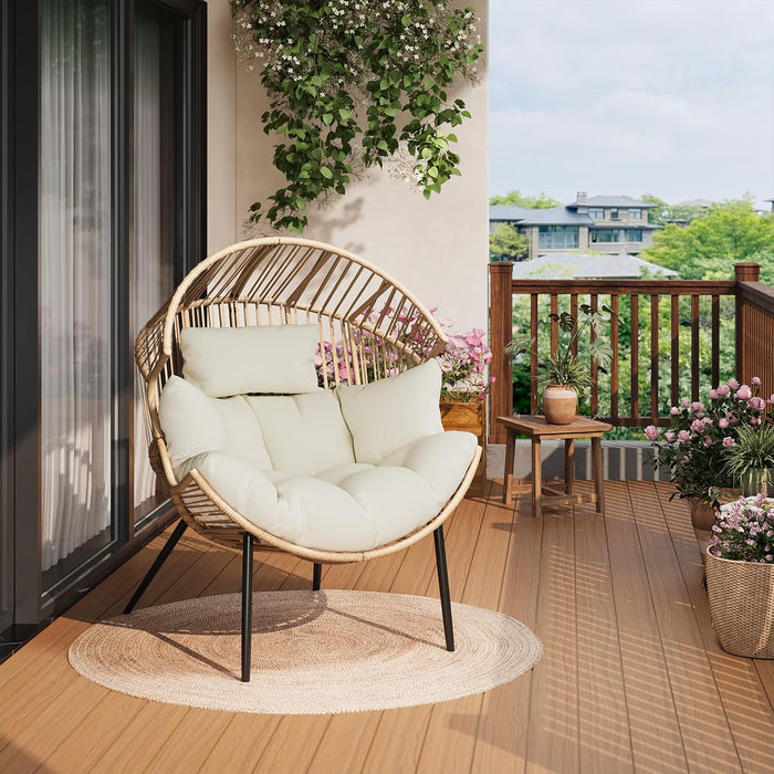 Outdoor Wicker Egg Chair, Oversized Ergonomic Rattan Lounge Rocker with Extra-Soft Pillow and Thick Cushion for Indoor & Outdoor, Living Room, Backyard & Garden – Cream Cushion, Natural Wicker Frame