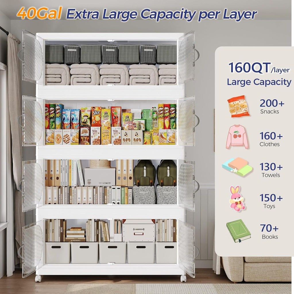 640QT Extra Large Stackable Storage Bins with Lid & Wheels & Doors, 160Gal Foldable Collapsible Closet Organizers, Plastic Cabinet Box Container Drawer for Home Kitchen Bedroom, 4Pack White