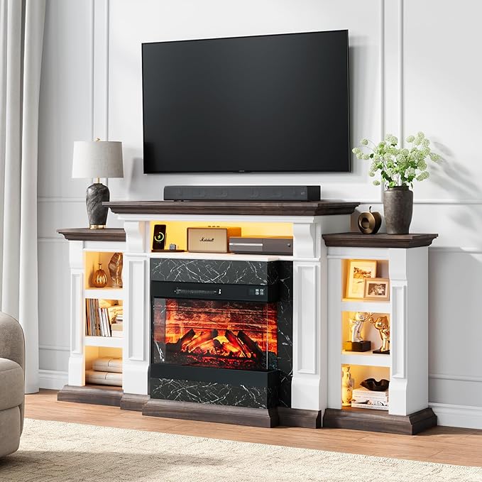 Naice 72" Electric Fireplace with Mantel and Cabinets, Fireplace TV Stand for TVs up to 80", LED Light & Power Outlet, 3-Side Glass Realistic Flame Insert Heater for Living Room Bedroom