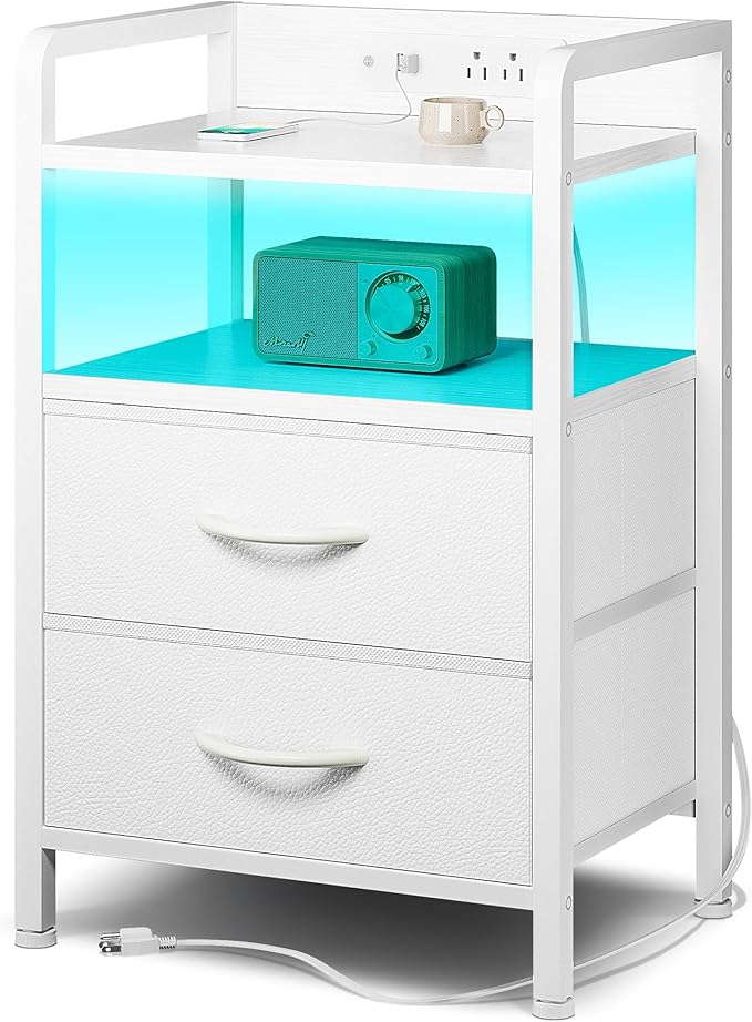 Night Stand Bedside Table Bedroom - White Nightstand with Charging Station &a...