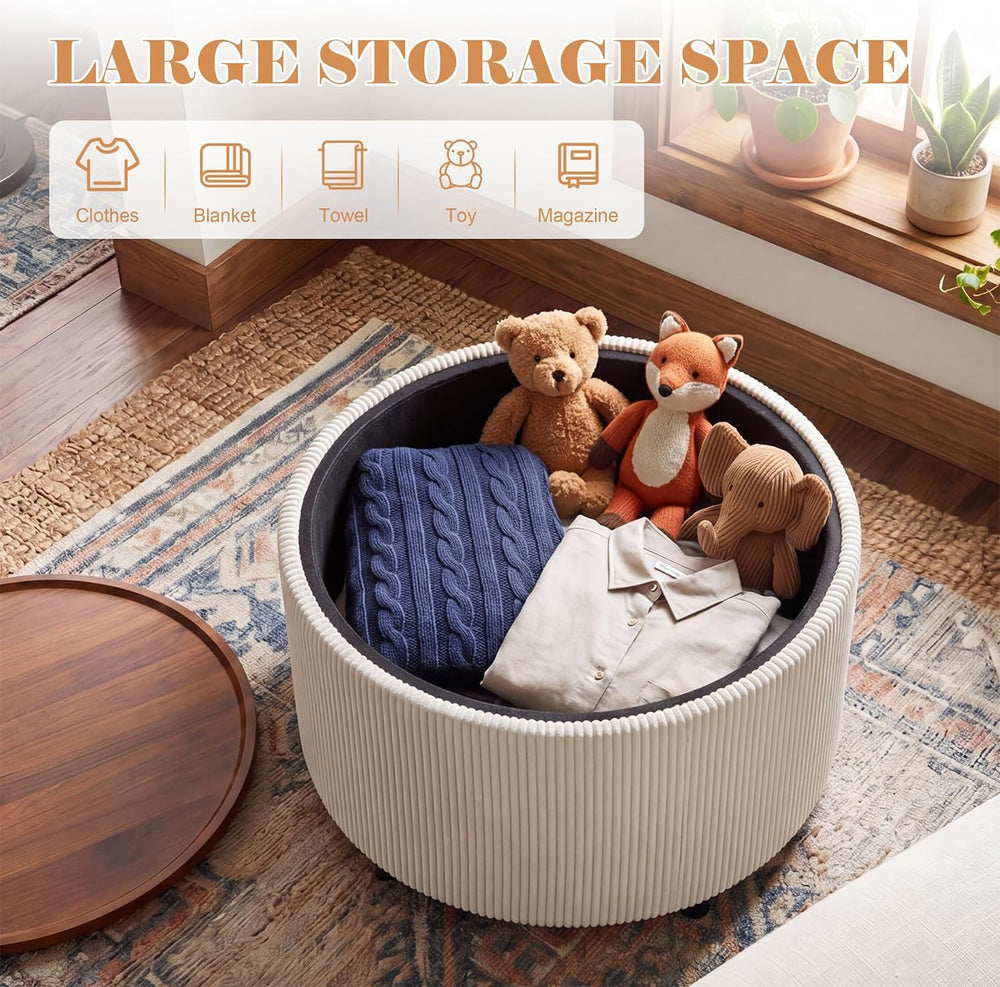 28” Round Storage Ottoman, Ottoman Coffee Table with Tray, Corduroy | Modern ...