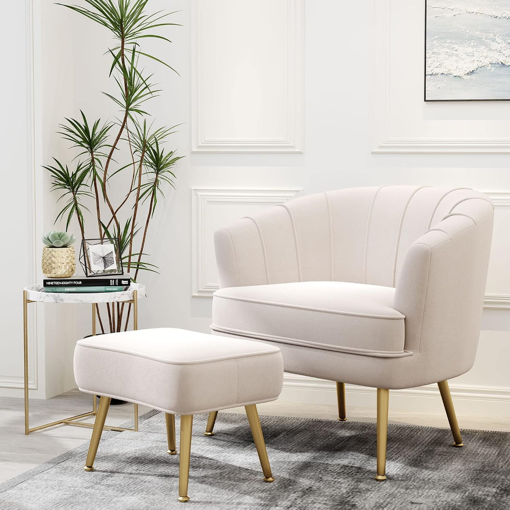 Andeworld Velvet Accent Chair with Ottoman, Barrel Armchair, Beige | Velvet U...