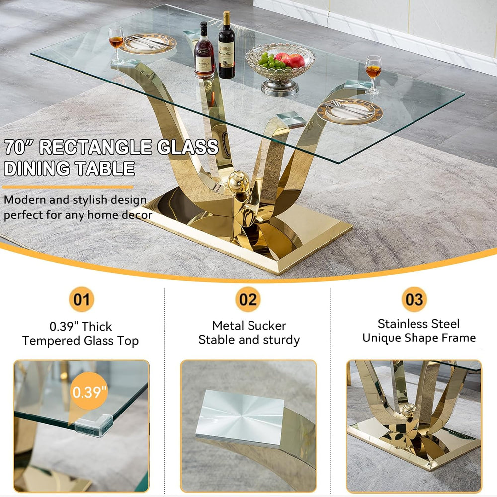 70" Modern Glass Dining Table for 6-8, Luxury Gold Glass Dining Room Tab...