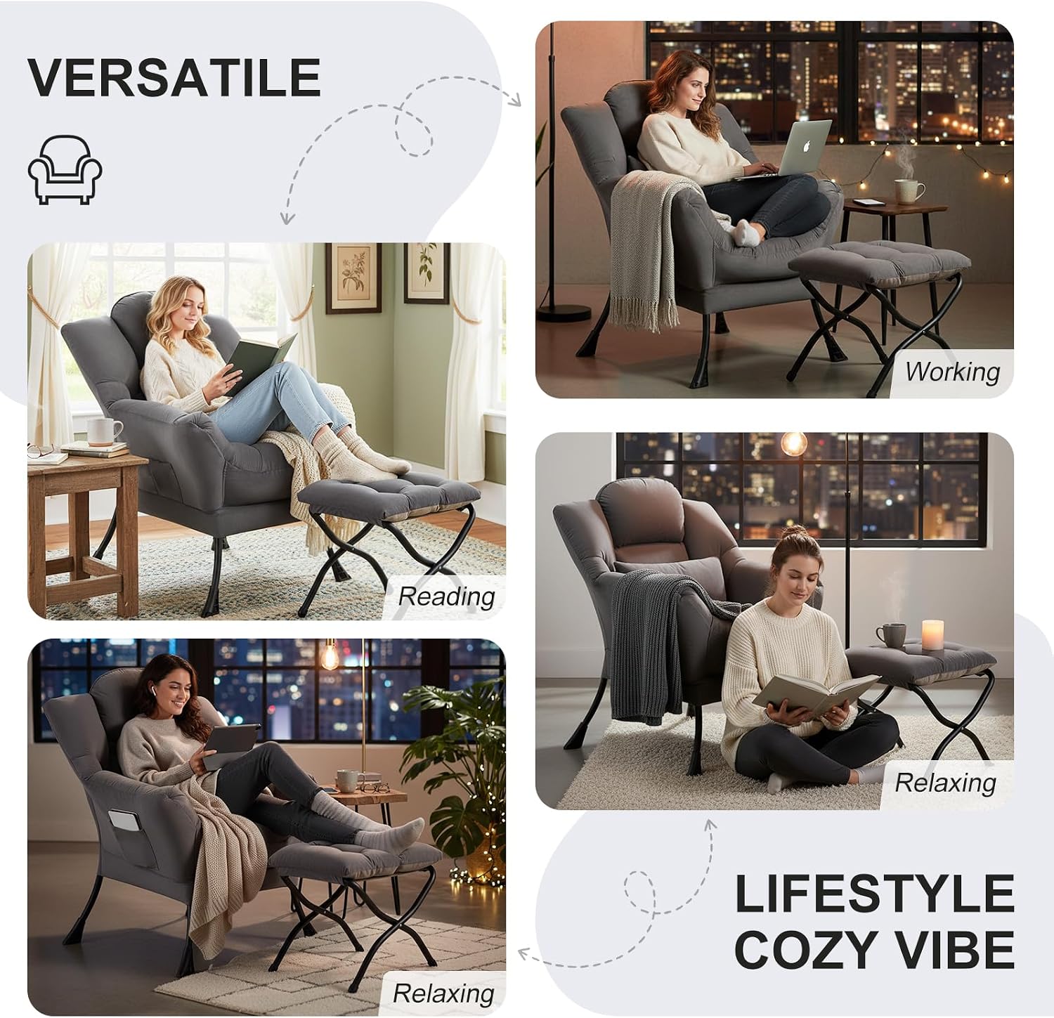 Furlide Lazy Chair with Ottoman, Comfy Fabric Accent Lounge Arm Chair with Lumbar Pillow and Folding Footrest, Reading Leisure Sofa Armchair for Bedroom, Living Room, Dorm,Dark Grey | Comfy Accent Lounge Chair with Pillow & folding Foot Stool, sturdy