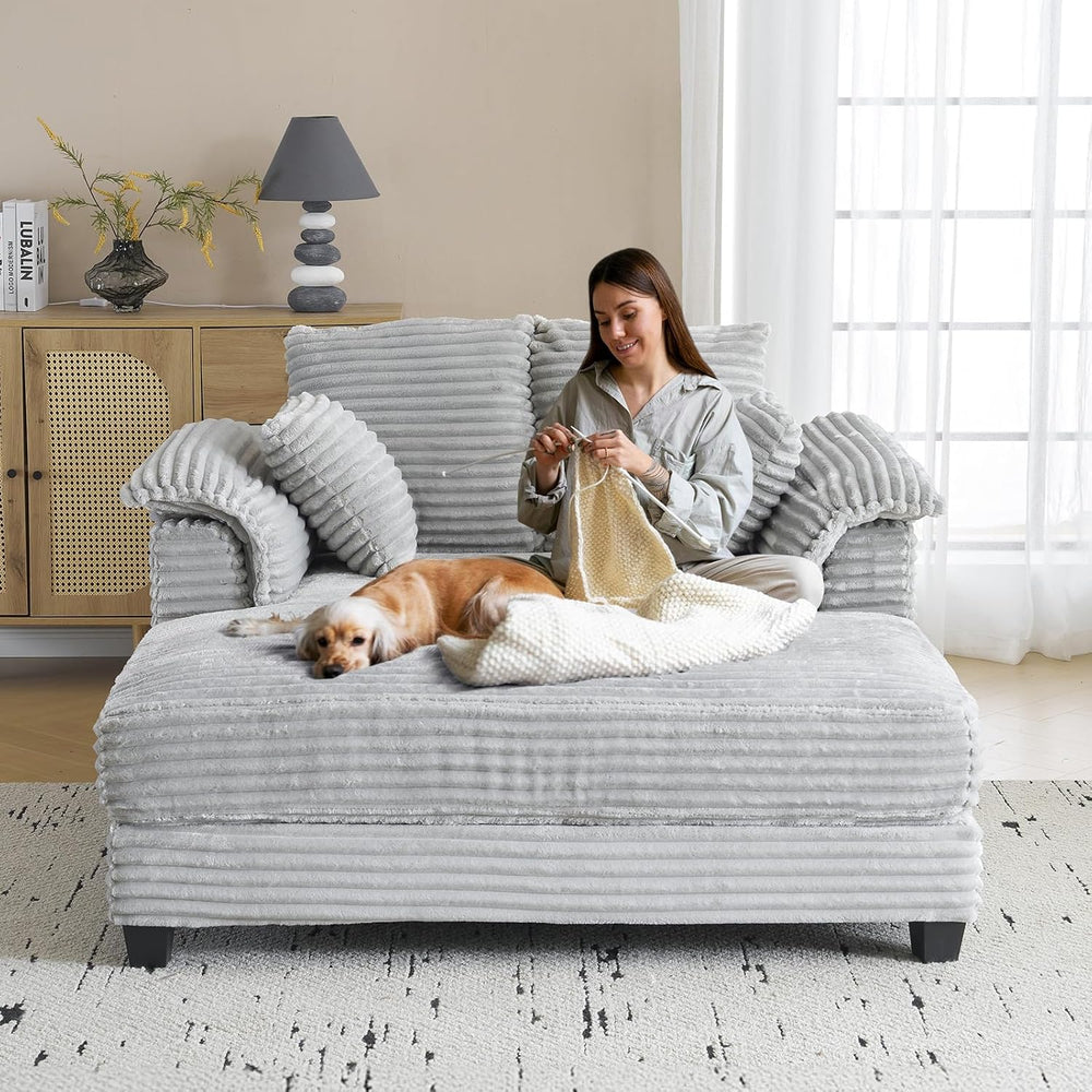 VINGLI 56" Oversized Chaise Lounge Chair, Light Grey Comfy Corduroy Chai...