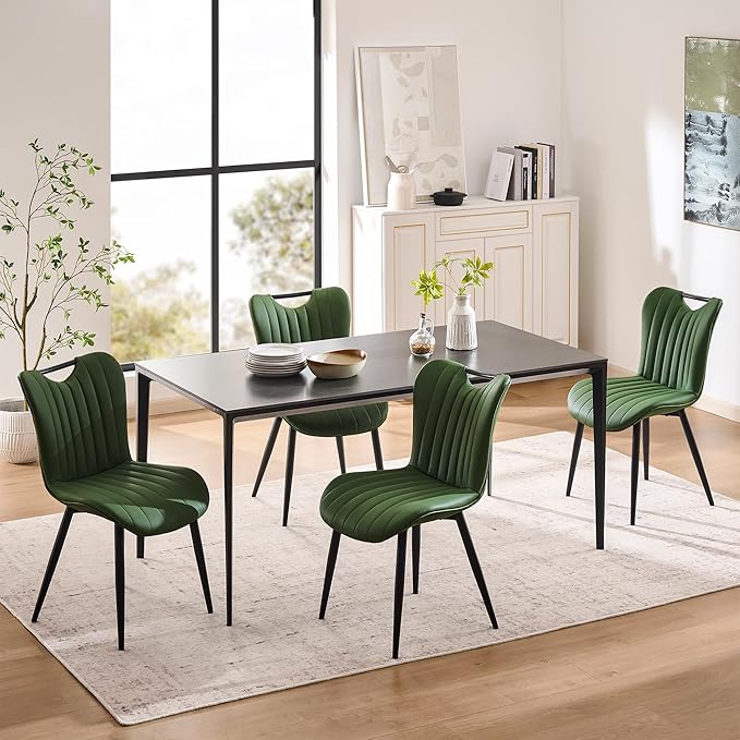 Leather Upholstered Dining Chairs Set of 2, Mid-Century Modern Kitchen Dining Room Chairs with Black Metal Legs, Armless Faux Leather Accent Dinner Chairs Kitchen Side Chairs, Green