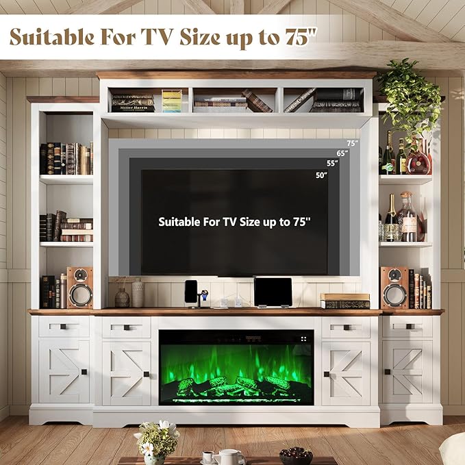 AMERLIFE 98in Farmhouse Entertainment Center with 36" Fireplace, TV Stan...