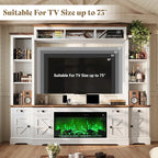 AMERLIFE 98in Farmhouse Entertainment Center with 36" Fireplace, TV Stand, Bookshelf, Wine Cabinet, Fits 75" TVs, Wall Unit Media Console with Power Outlets & Barn Doors, Living Room, Off-White