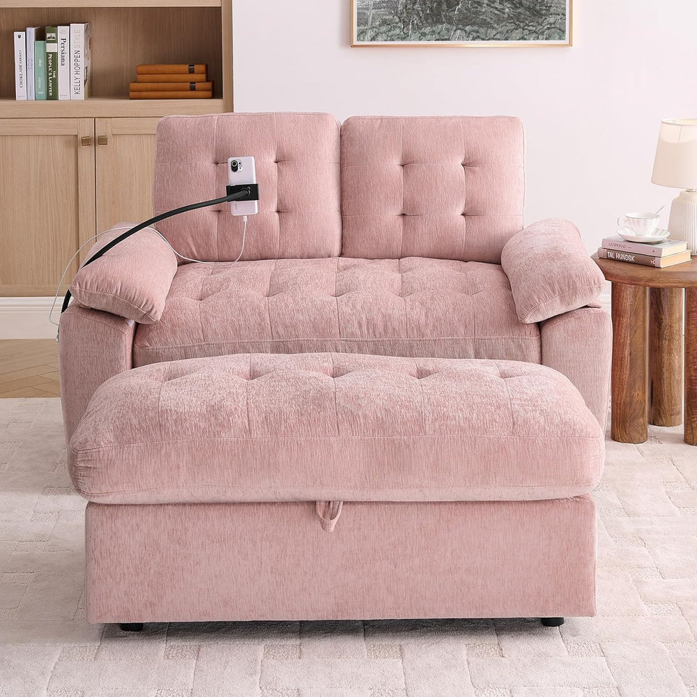 Chaise Lounge Chair Indoor with Storage Ottoman, Comfy Chenille Tufted Lovese...