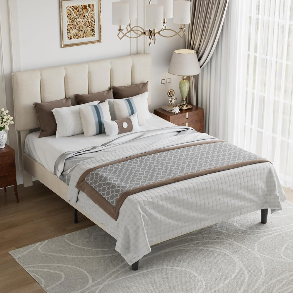 VECELO Full Size Bed Frame with Upholstered Headboard, Pale Beige