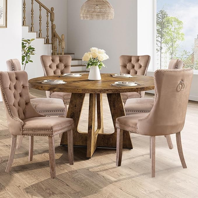 Velvet Upholstered Dining Chairs Set of 6, Modern Style Kitchen Side Chairs with Nailhead Trim and Wood Legs,Metal Pulling Ring for Dining Room Living Room(Khaki,Set of 6)