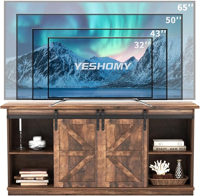 YESHOMY TV Stand for Televisions up to 65 Inches, with Sliding Barn Doors and Storage Cabinets, Console Table and Media Furniture for Living Room, 58 Inch, Barnwood