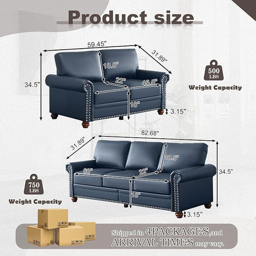 2 Piece Faux Leather Sofa Set,Modern Couch and Loveseat Sets with Storage,Mid Century Couch with Rivet Rolled Arm,Comfy Deep Seat Sofa,Furniture for Living Room,Office(Loveseat+3 Seater,Navy)