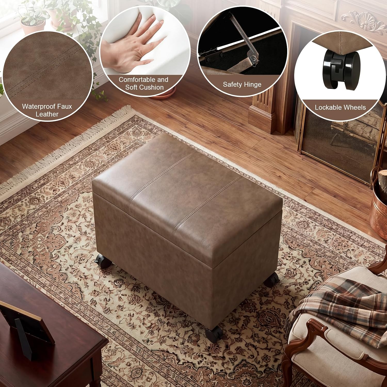 Joveco 24" Storage Ottoman Bench with Wheels, Rectangle Faux Leather Foot Stool for Living Room, Bedroom, Entryway, Earthy Light Brown Veining