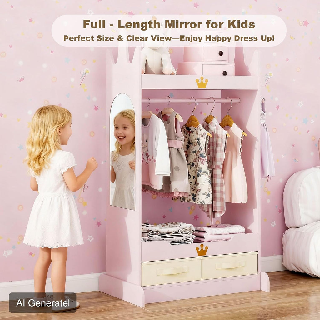 FTZxHKLX Kids Dress Up Storage with Mirror, Kids Open Hanging Armoire, Pink | Open Hanging Armoire Closet with Storage, Costume Storage Dresser with 3 Hooks, Crown-Shaped Design, Princess Style