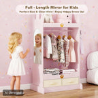 FTZxHKLX Kids Dress Up Storage with Mirror, Kids Open Hanging Armoire, Pink | Open Hanging Armoire Closet with Storage, Costume Storage Dresser with 3 Hooks, Crown-Shaped Design, Princess Style