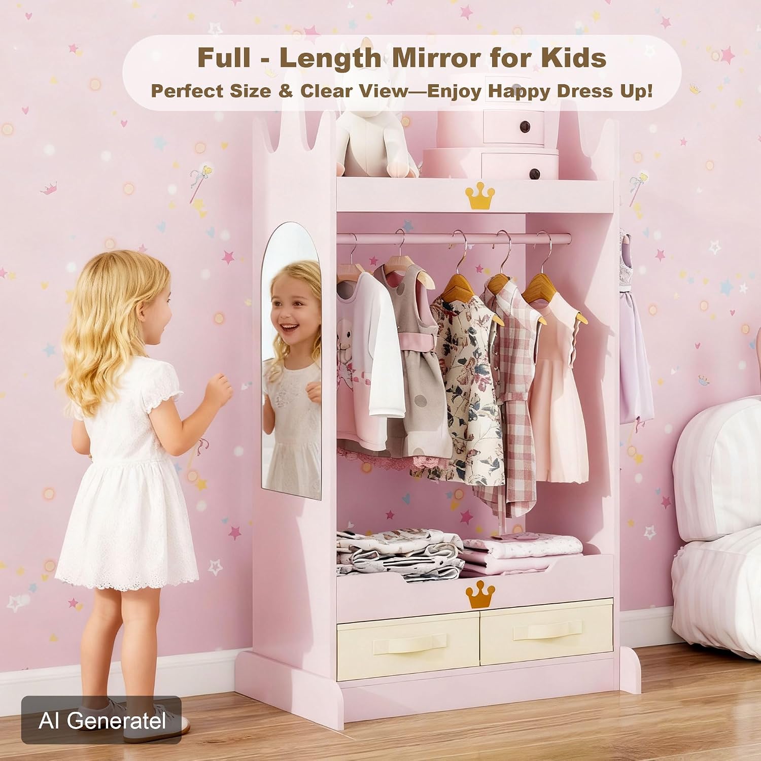 FTZxHKLX Kids Dress Up Storage with Mirror, Kids Open Hanging Armoire, Pink | Open Hanging Armoire Closet with Storage, Costume Storage Dresser with 3 Hooks, Crown-Shaped Design, Princess Style