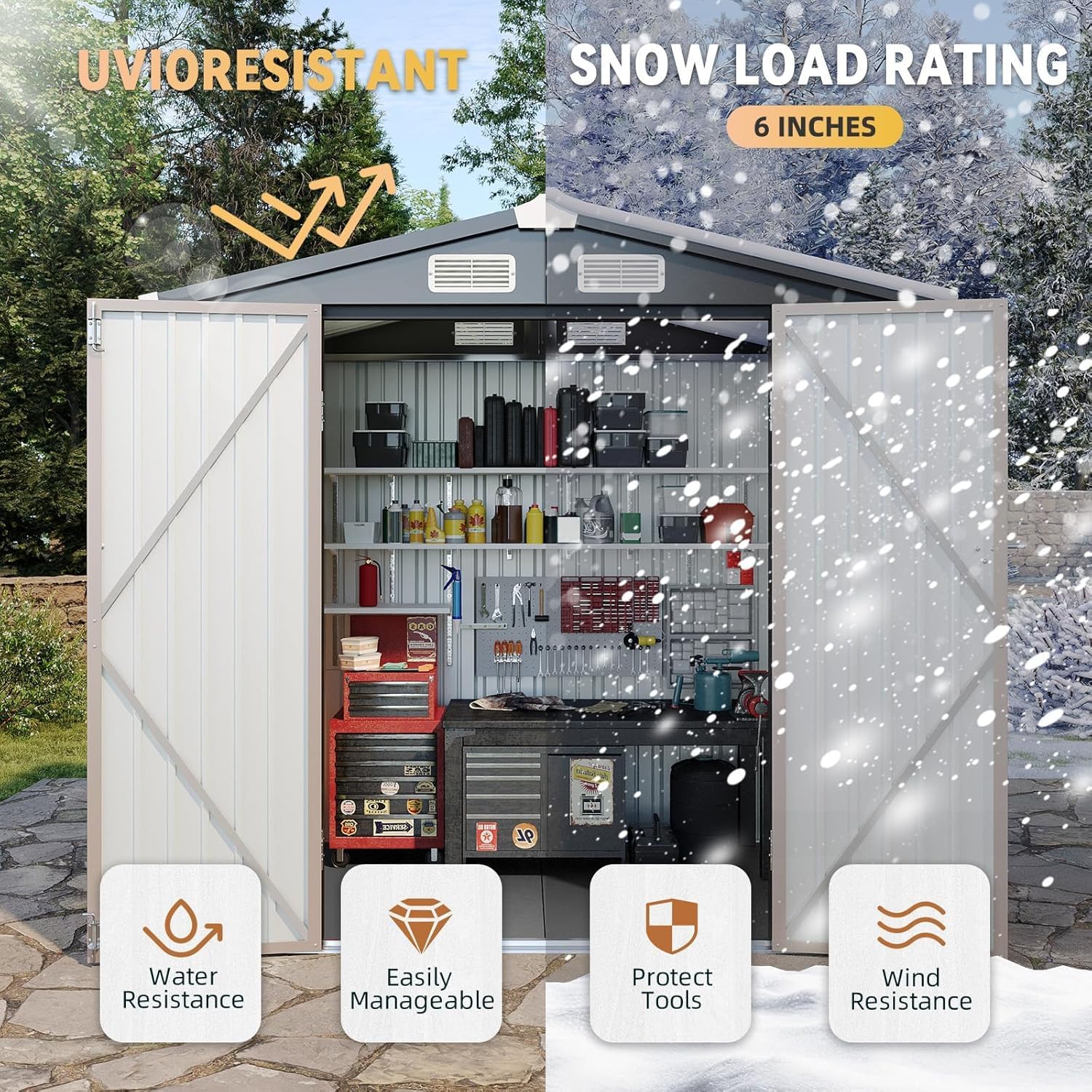 Aoxun 6' x 8' Storage Shed with Base Outdoor Steel Garden Utility Cabinet with Lockable Door Waterproof & Rust-Proof for Yard, Patio, Backyard (Brown, Base Included)