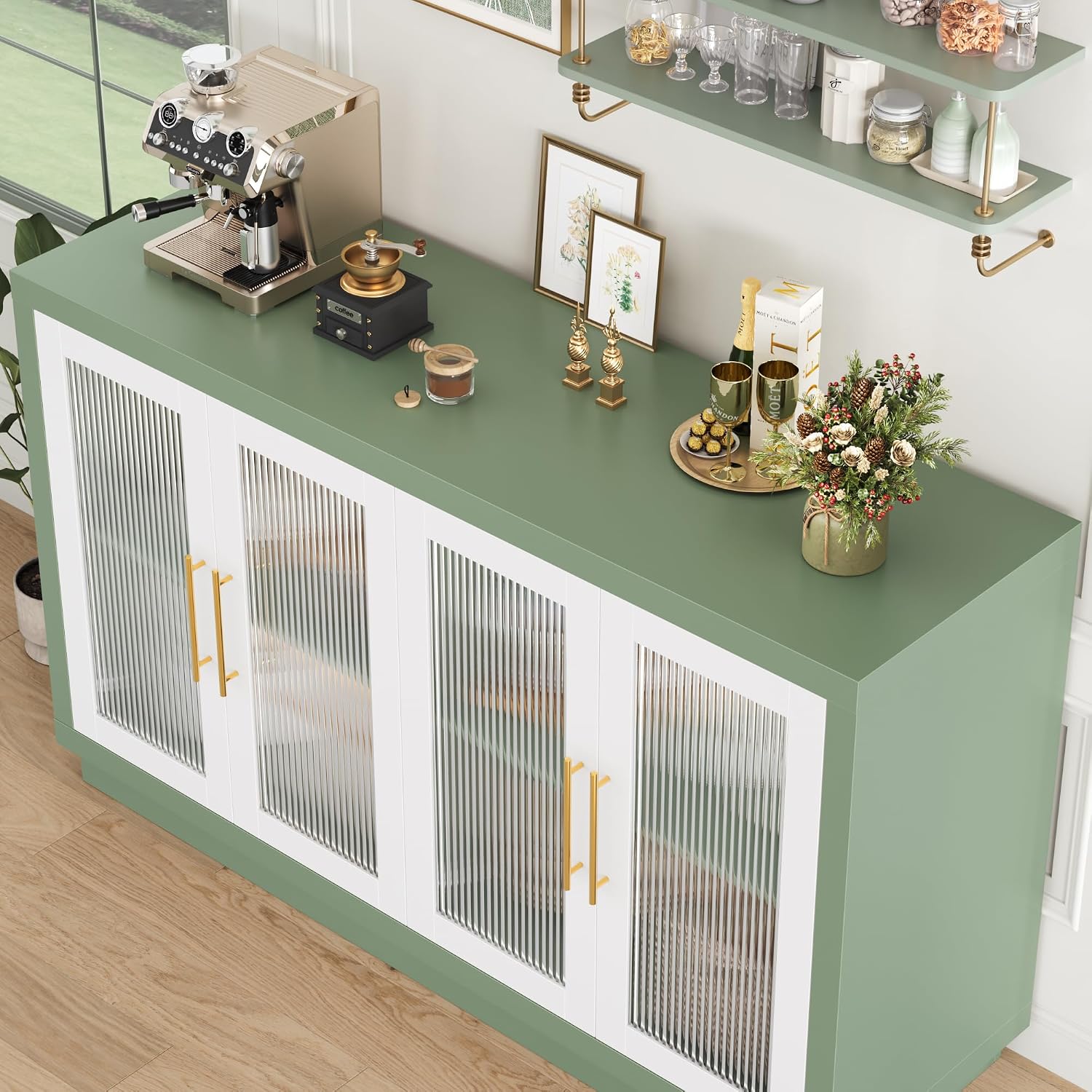 FOTOSOK Buffet Cabinet with Storage, Kitchen Cabinet with 4 Glass Doors | 55.1" Large Sideboard Cabinets, Modern Sideboard Storage Cabinet, Wood Coffee Bar Buffet Table for Kitchen, Green/White
