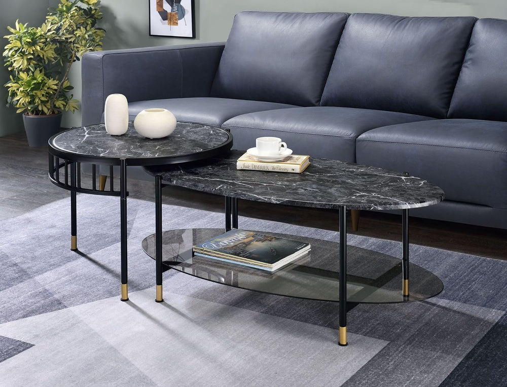Engineered Stone Top & Black Finish Nesting Table Set | Dual-table nestin...