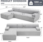 107" Modular Sectional Cloud Couch, Boneless couches Sponge sectionals for Living Room, High Density Sponges Sofa, Modular L-Shape with Chaise, Lightgrey