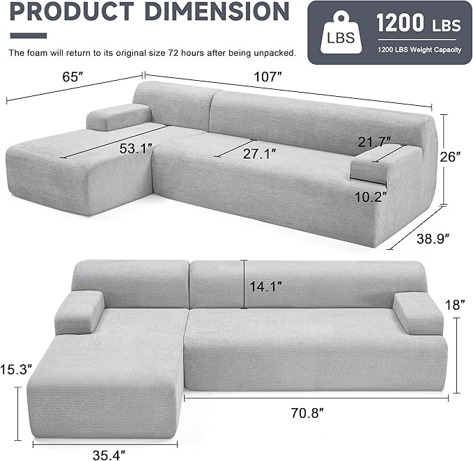 107" Modular Sectional Cloud Couch, Boneless couches Sponge sectionals for Living Room, High Density Sponges Sofa, Modular L-Shape with Chaise, Lightgrey