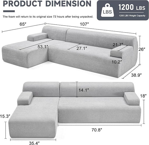 107" Modular Sectional Cloud Couch, Boneless couches Sponge sectionals for Living Room, High Density Sponges Sofa, Modular L-Shape with Chaise, Lightgrey