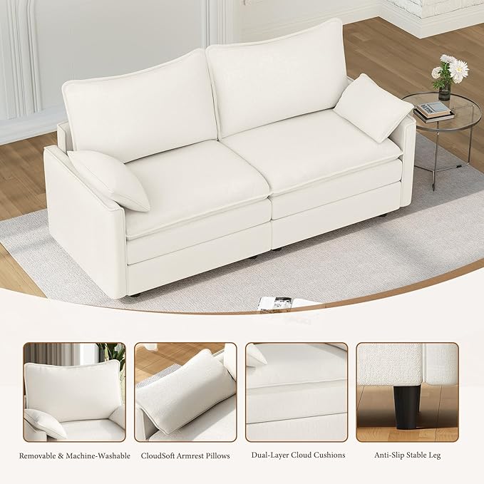 Vesgantti 74" Loveseat Sofa for Living Room, Comfy Cloud Couch Deep Seat Chenille Modern 2 Seater Small Sofa with Armrest Pillow, Easy Assembly for Small Spaces, Snow White