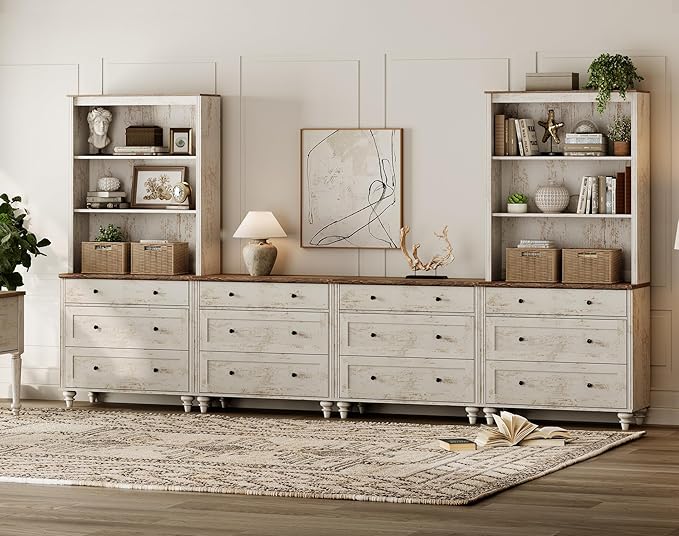 WAMPAT Entertainment Center with Bookshelves for TVs up to 75", Farmhouse Wall Unit TV Stand with Drawers, Media Console Table for Living Room, Bedroom & Home Theater, Rustic White