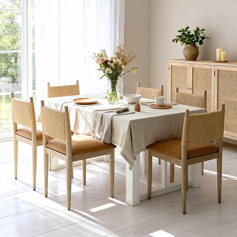 chairus Modern Coastal Woven Dining Chairs Set of 4, Brown Faux Leather