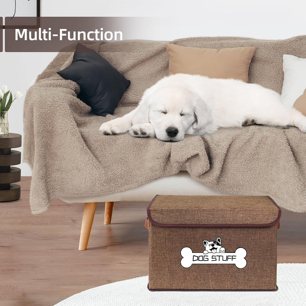 Dog Toy Basket with Lid, Collapsible Box for Pet Accessories | Storage Bin for Living Room, Fabric Container with Handle, Organizer for Small Medium dogs, Coffee