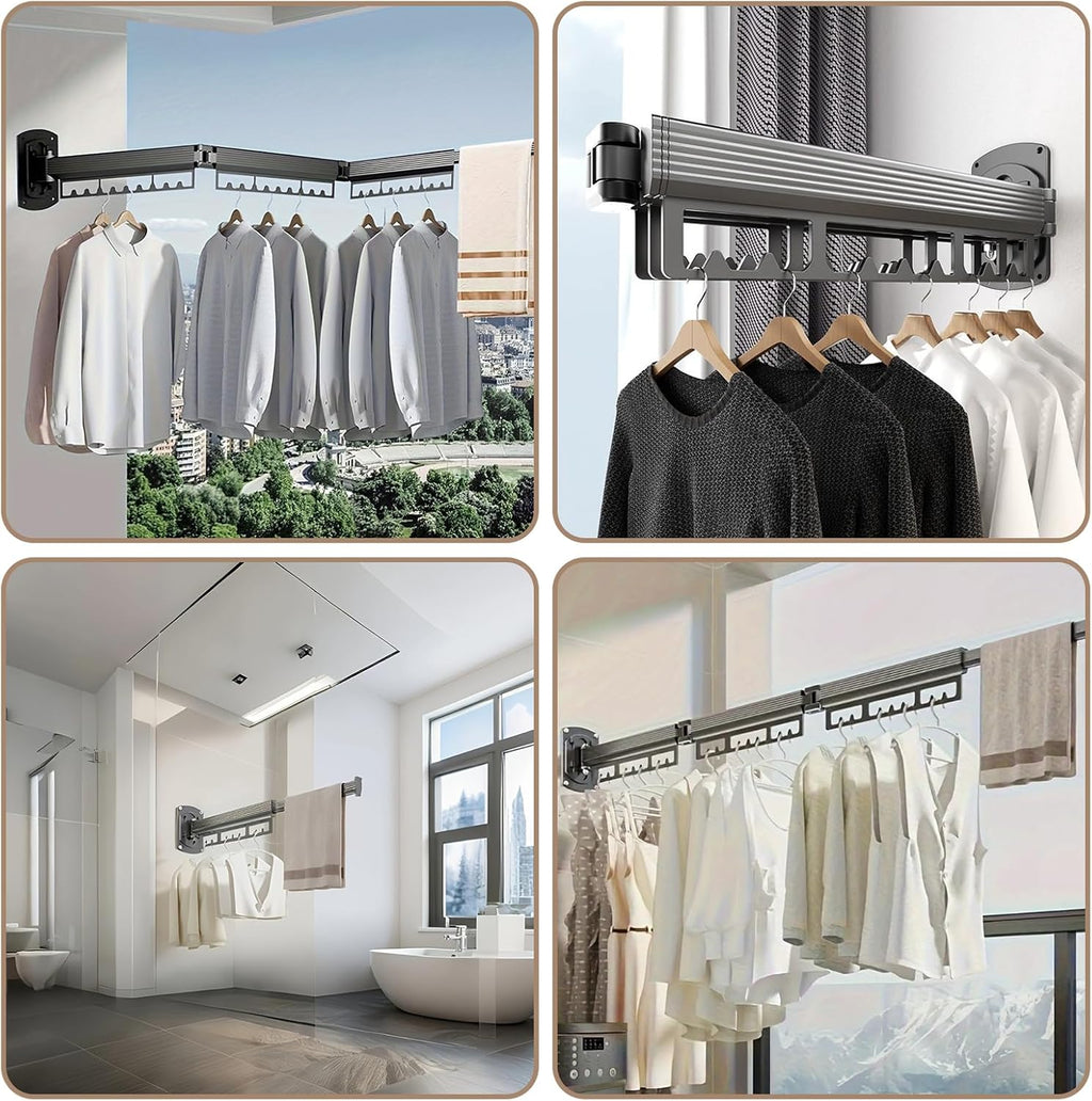 Wall Mounted Drying Rack, 220LB Capacity Tri-Fold Aluminum Clothes Airer, 180° Swivel Space Saving Laundry Rack for Indoor Outdoor Use in Bathroom, Balcony, Kitchen (Black)