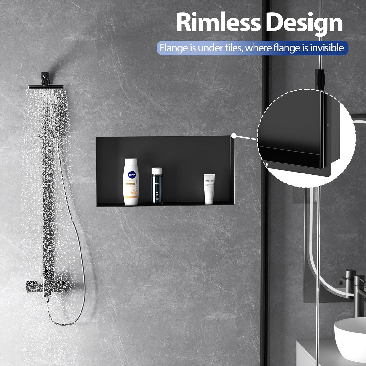 Stainless Steel Shower Niche 24" X 12", No Tile Needed Wall Niche Shower, Recessed Shower Shelf for Bathroom Storage, Matte Black