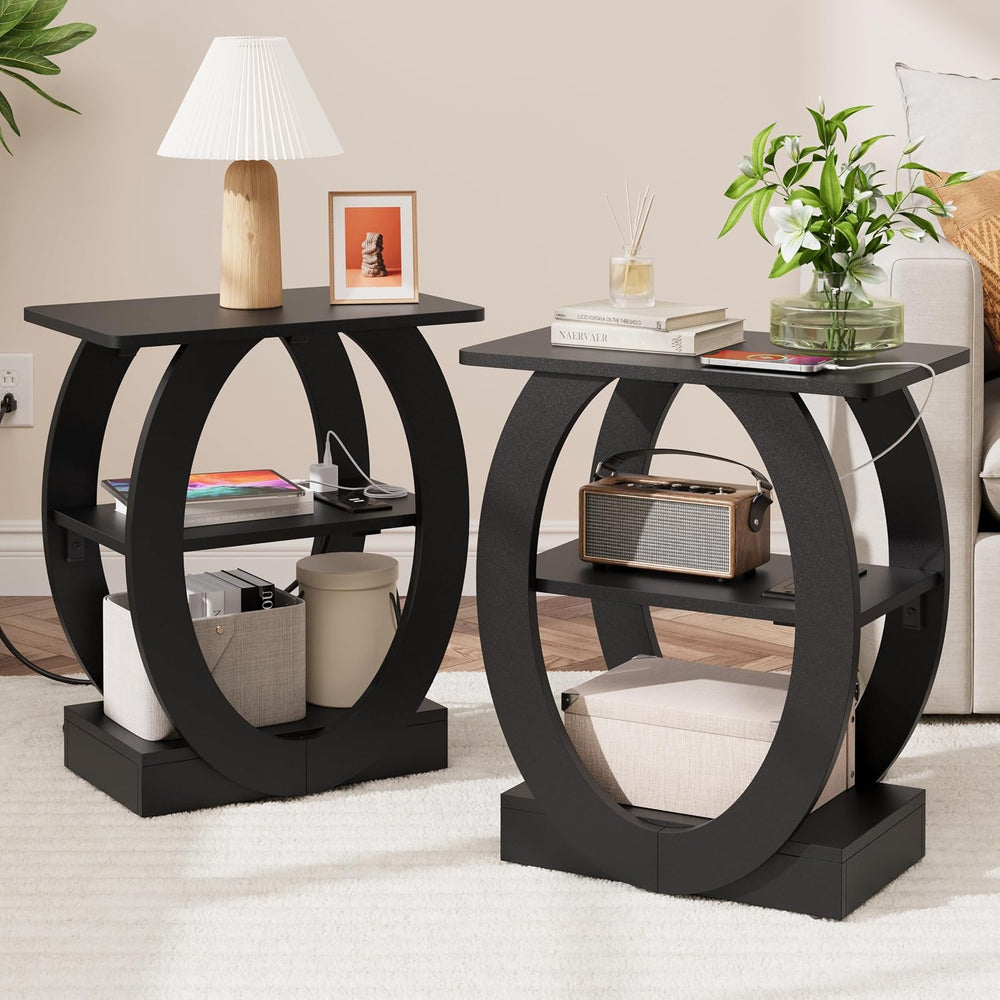 End Table Set of 2 with Charging Station, Black Side Table with USB Ports and...