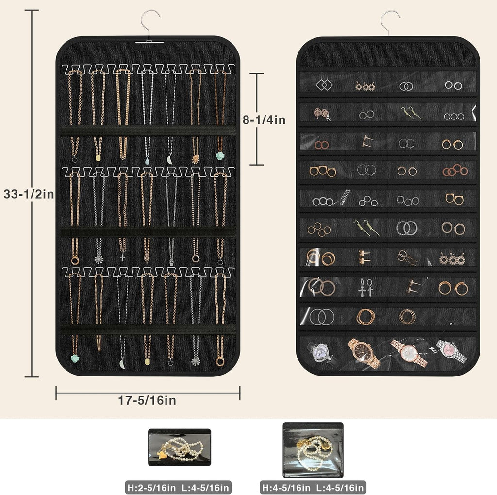 Hanging Jewelry Organizer Storage, 40 Pockets 36 Hooks Necklace Earring Necklace Bracelet Ring Organizer, Double - Sided Design, Black