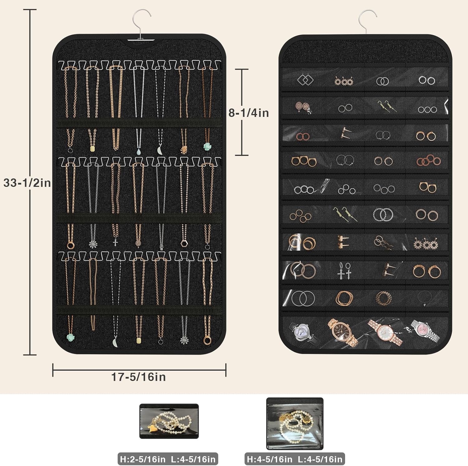 Hanging Jewelry Organizer Storage, 40 Pockets 36 Hooks Necklace Earring Necklace Bracelet Ring Organizer, Double - Sided Design, Black
