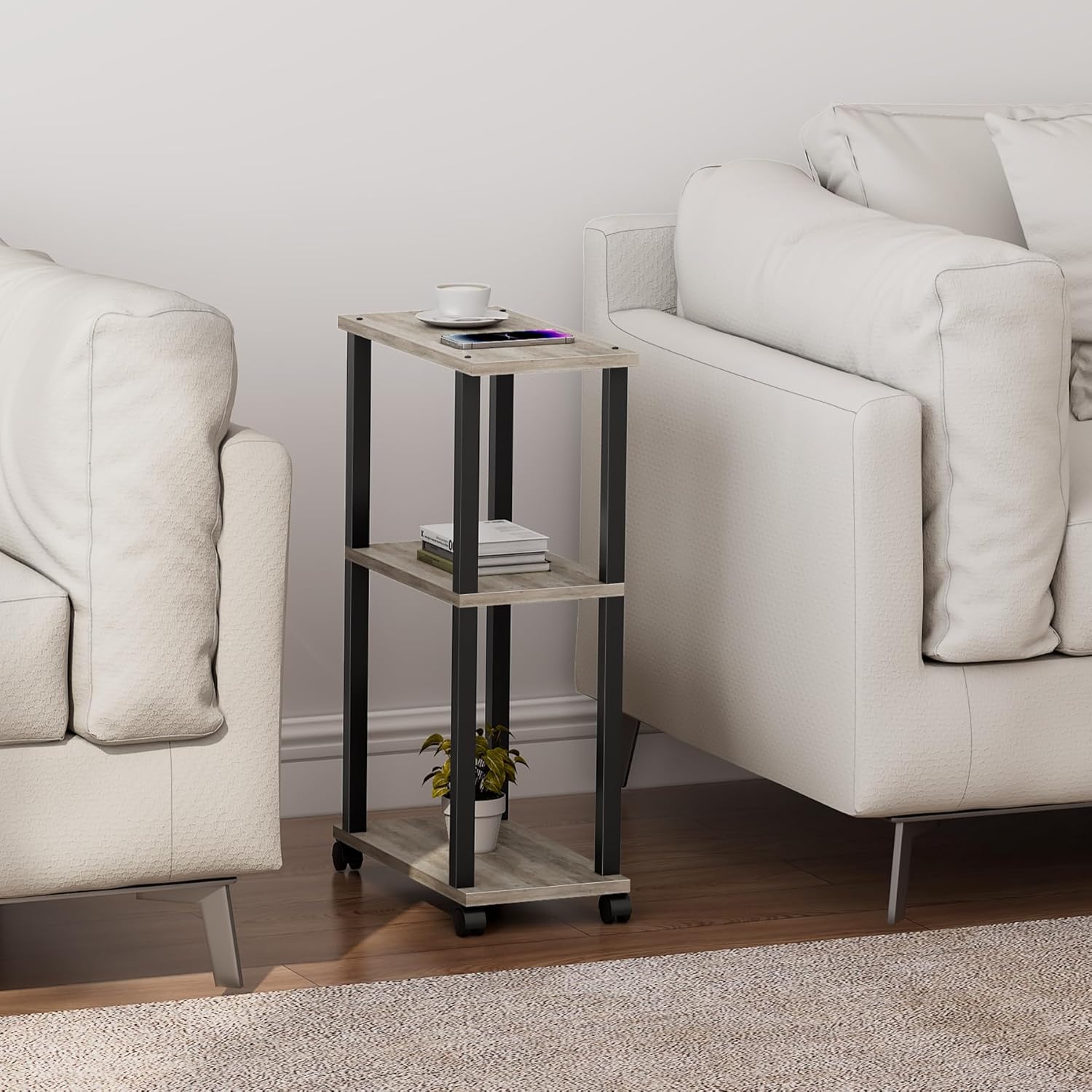 TUTOTAK Small Side Table, Narrow End Table, Bedside Table, Couch Side Table with Wheels for Living Room or Bedroom, Greige TB01BG061