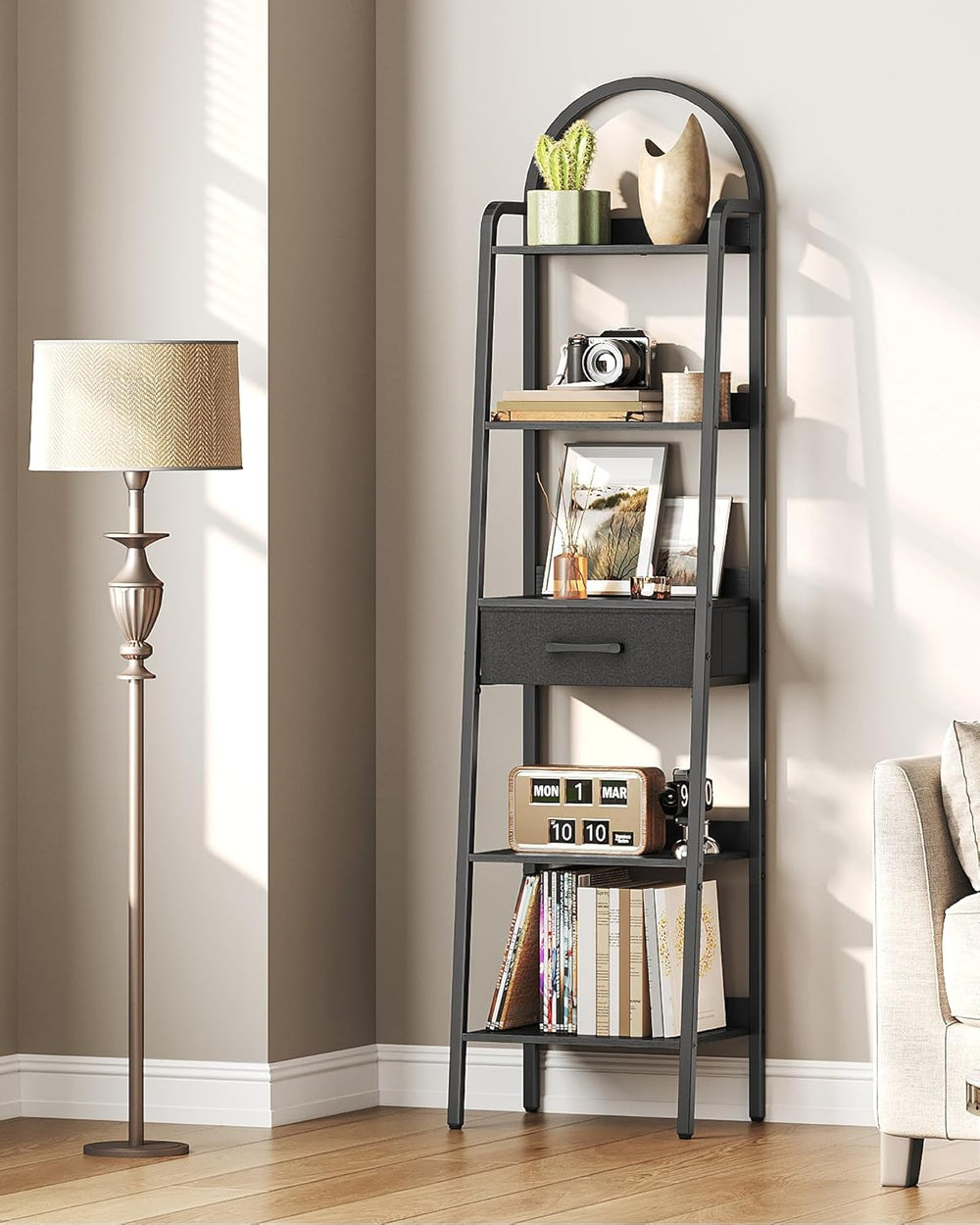 CHOEZON 5 Tier Ladder Shelf with Drawer, Tall Ladder Bookshelf, Standing Book...
