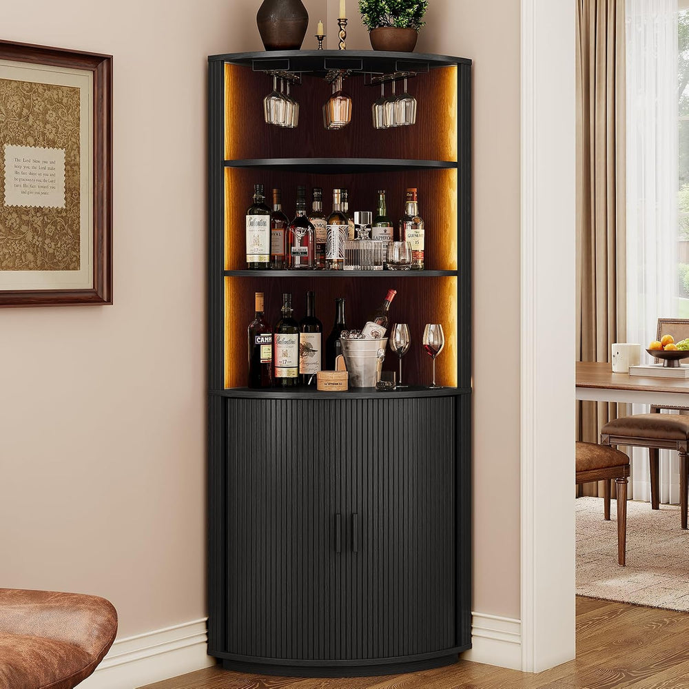 ONBRILL 72" Tall Corner Bar Cabinet with LED Light, Liquor Cabinets, Black