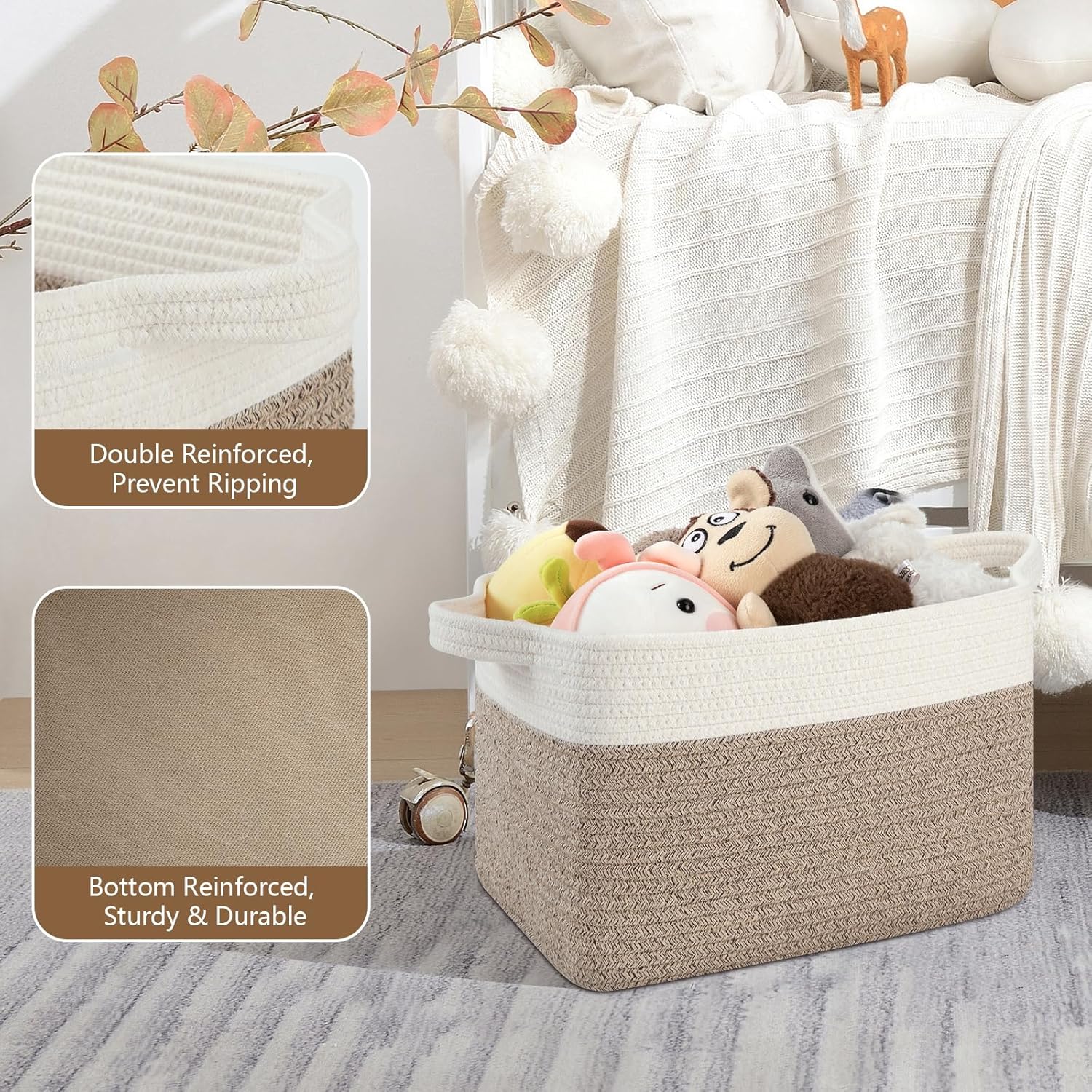 Storage Baskets for Organizing, Woven Baskets for Shelves, Rectangle Decorative Organizer for Storage Clothes, Toy, Books, Towels Nursery Bins 3 Pack (Brown & White, 13"x9.85"x8.7")