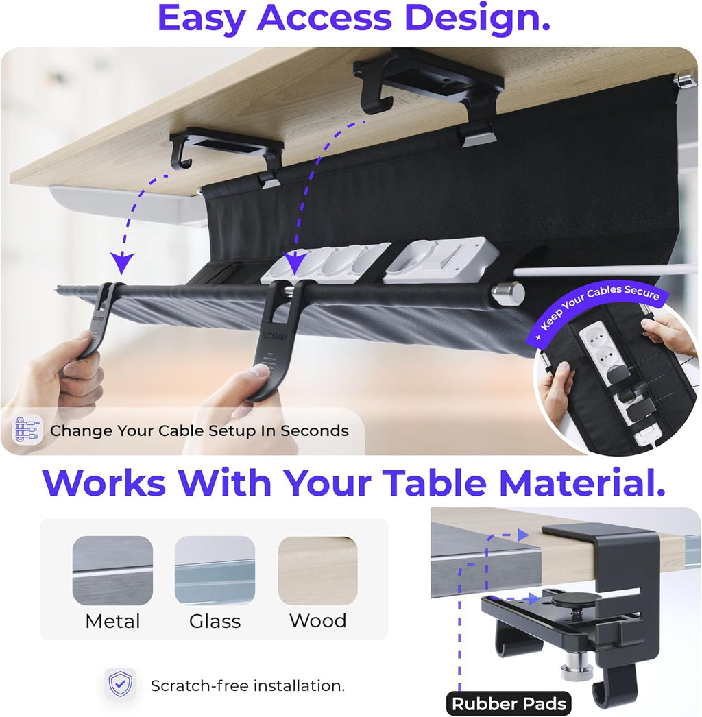 Ascrono Original No Drill Under Desk Cable Management Tray 14.1" - Premium Black Fabric Cable Management Under Desk - Clamp/Screw Mount Cord Organizer - Supports Upto 66lbs