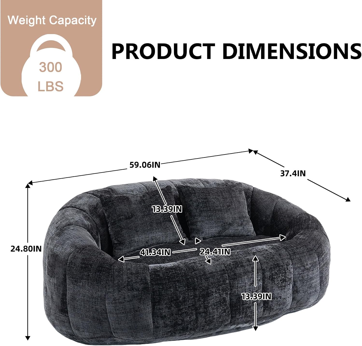 QQU Giant Bean Bag Chairs for Adult and Kids with 2 Pillows, 2-Seat Bean Bag Sofa with Armrest and Back, Chenille Loveseat Filling high -Density Foam, Large Lazy Sofa for Living Room, Bedroom,Black