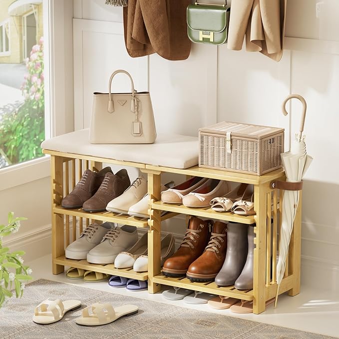 Amazer Bamboo Shoe Rack Bench, 3-Tier Shoe Bench Height Adjustable, Entry Ben...