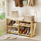 Amazer Bamboo Shoe Rack Bench, 3-Tier Shoe Bench Height Adjustable, Entry Bench with Side Storage Strap, Shoes Organizer Storage Bench, Shoe Shelf with Seat Cushion for Entryway, Living Room, Hallway