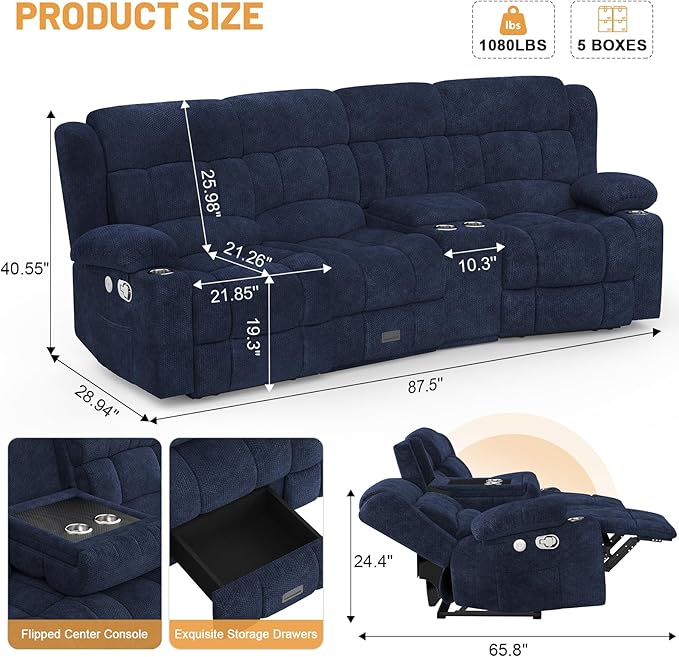 Recliner Sofa Set with Storage Console, Flip Middle Backrest Design 3 Seater Reclining Sofa and Single Recliner Chair, Manual Couches for Living Room (Blue, 3 Seat+Console+1)