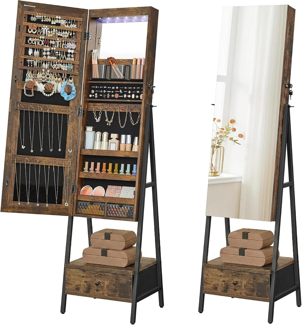 SONGMICS LED Cabinet Standing, Lockable Jewelry Armoire with Full-Length Mirror, Space-Saving Jewelry Organizer with Mirror, Bottom Drawer and Shelf, Gift Idea, Rustic Brown UJJC025X01
