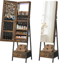 SONGMICS LED Cabinet Standing, Lockable Jewelry Armoire with Full-Length Mirror, Space-Saving Jewelry Organizer with Mirror, Bottom Drawer and Shelf, Gift Idea, Rustic Brown UJJC025X01