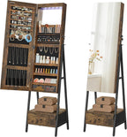 SONGMICS LED Cabinet Standing, Lockable Jewelry Armoire with Full-Length Mirror, Space-Saving Jewelry Organizer with Mirror, Bottom Drawer and Shelf, Gift Idea, Rustic Brown UJJC025X01
