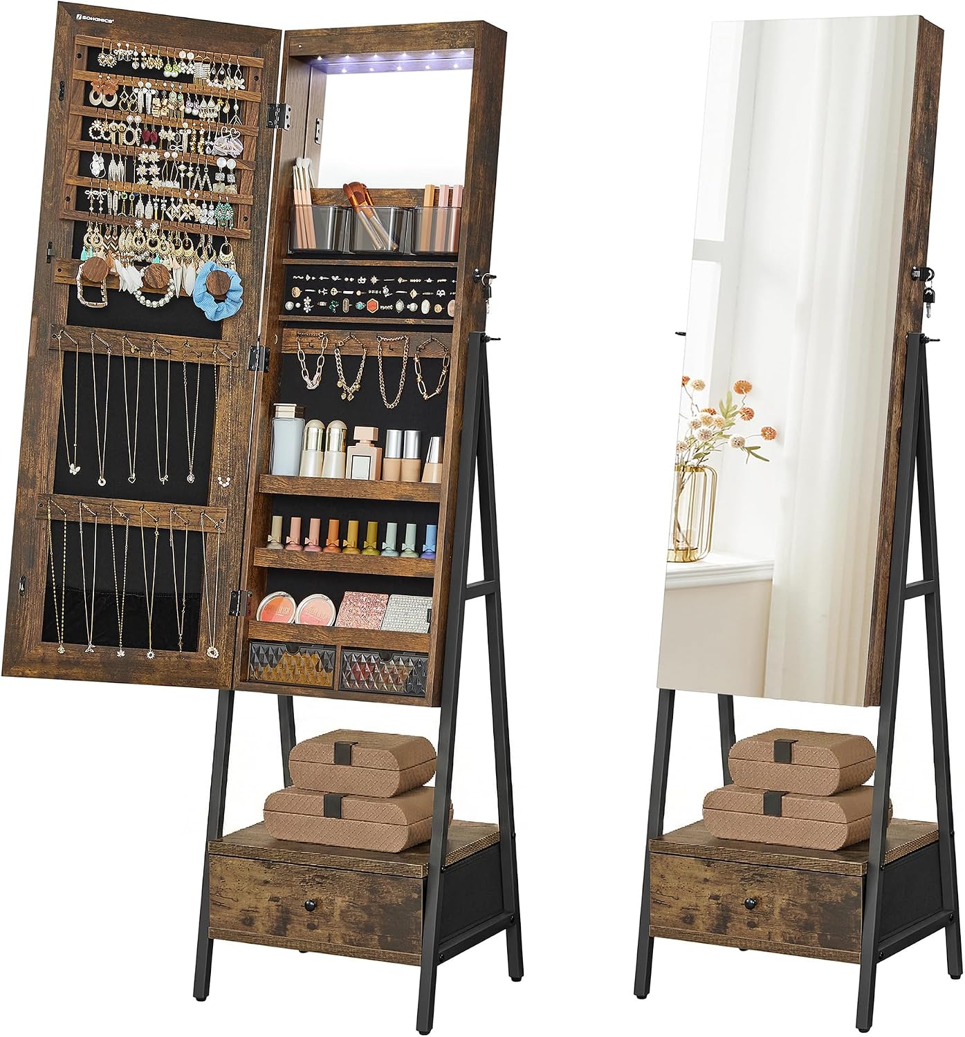 SONGMICS LED Cabinet Standing, Lockable Jewelry Armoire with Full-Length Mirror, Space-Saving Jewelry Organizer with Mirror, Bottom Drawer and Shelf, Gift Idea, Rustic Brown UJJC025X01