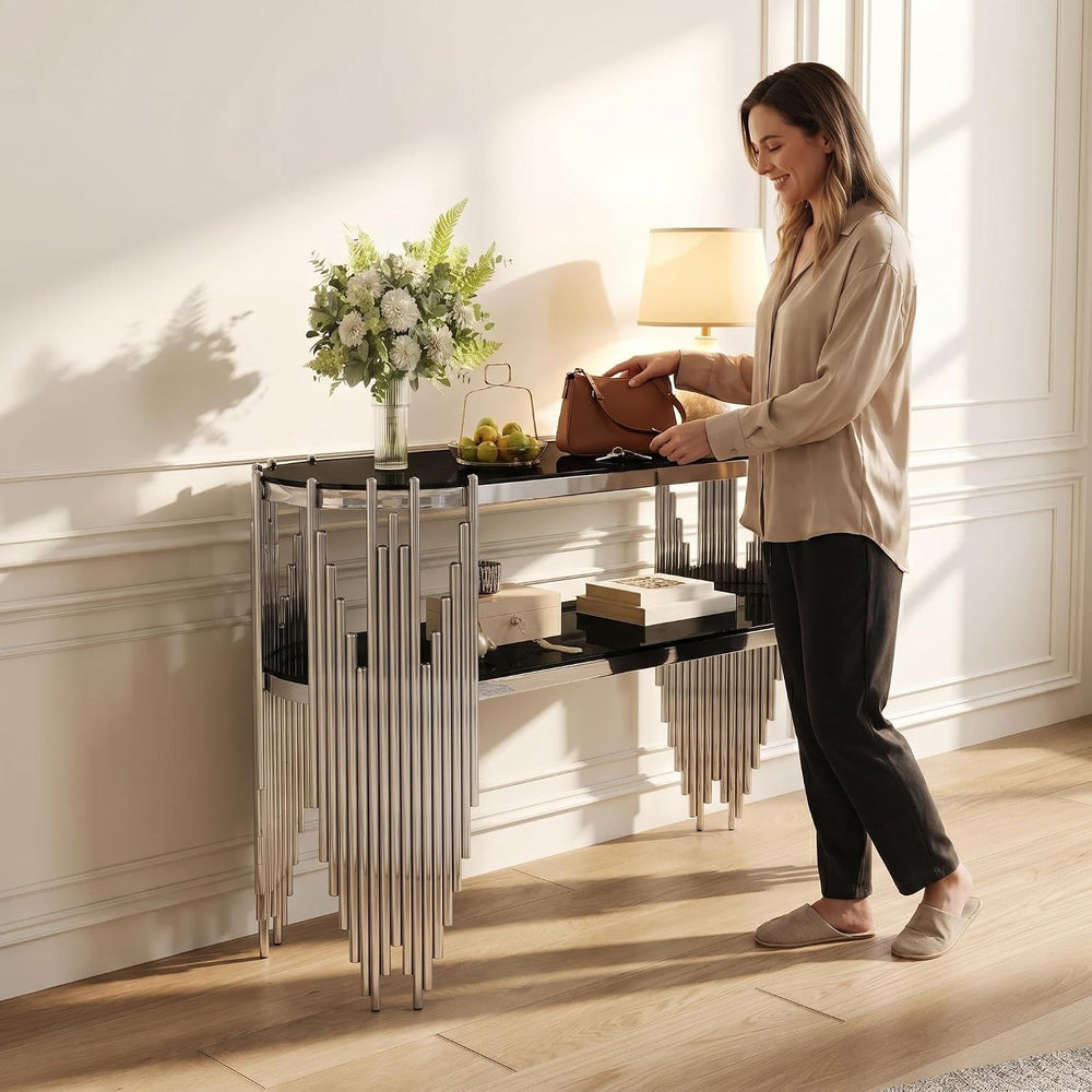 Modern Oval Console Table, 47 Inch Silver Sofa Tables with 2-Tier Black Tempe...